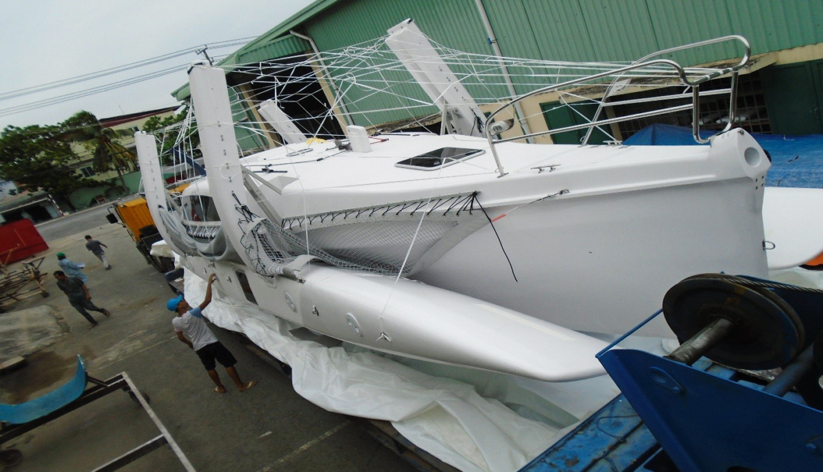 New Corsair C37 trimaran wrapped and ready to be shipped to Hawaii